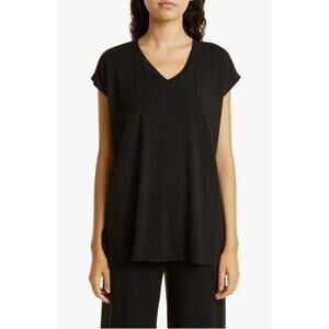 Eileen Fisher V-neck Boxy Top Womens Medium Black Jersey Stretch Shirt Casual